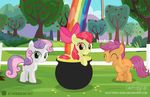  2017 apple apple_bloom_(mlp) building cloud cutie_mark_crusaders_(mlp) equine feathered_wings feathers female fence feral food friendship_is_magic fruit gold_(metal) grass group hair hi_res horn horse house looking_at_viewer mammal multicolored_hair my_little_pony orange_feathers outside pegasus plant pony purple_hair red_hair scootaloo_(mlp) shutterflyeqd sky smile sweetie_belle_(mlp) tree unicorn wings young 