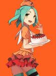  :d birthday_cake blush cake cowboy_shot food from_side fruit green_eyes green_hair head_tilt highres monogatari_(series) ononoki_yotsugi open_mouth orange_background orange_shirt puffy_short_sleeves puffy_sleeves shirt short_sleeves simple_background skirt smile solo sonzai_soumei strawberry striped striped_legwear thighhighs tray twintails v-shaped_eyebrows w 