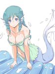  air_mattress aqua_hair babydoll bare_shoulders blue_eyes breasts cleavage collarbone drill_hair head_fins inflatable_raft jack_(wkm74959) large_breasts long_hair looking_at_viewer mermaid monster_girl navel off_shoulder simple_background smile soapland solo suggestive_fluid touhou wakasagihime wet white_background 