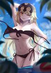  alternate_costume armpits beach bikini black_bikini blonde_hair breasts day fate/grand_order fate_(series) groin hand_in_hair hand_on_hip headpiece jeanne_d'arc_(alter)_(fate) jeanne_d'arc_(fate)_(all) large_breasts licking_lips long_hair looking_at_viewer one_eye_closed ryuuno6 shiny shiny_skin solo swimsuit toned tongue tongue_out underboob wardrobe_malfunction wet yellow_eyes 