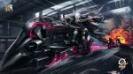  2girls 2others :p action assault_rifle bangs beak_(girls_frontline) black_coat black_footwear blonde_hair braid breasts corruption emblem explosion eyepatch floating_hair full_body girls_frontline gloves ground_vehicle gun hair_ornament highres holding holding_gun holding_weapon infukun jacket light_trail logo long_hair m16a1 m16a1_(girls_frontline) mole mole_under_eye motion_blur motor_vehicle motorcycle multicolored_hair multiple_girls multiple_others necktie official_art pale_skin purple_eyes riding rifle road sangvis_ferri scar shirt skirt smile streaked_hair tongue tongue_out weapon white_hair wind wind_lift yellow_eyes 