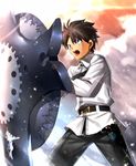  belt black_hair blue_eyes chaldea_uniform chietori cowboy_shot fate/grand_order fate_(series) fujimaru_ritsuka_(male) light long_sleeves male_focus open_mouth shield solo spiked_hair uniform 