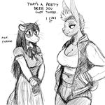  anthro big_breasts breasts clothing dialogue dress duo english_text eyelashes eyewear female glasses greyscale hair hladilnik jacket lagomorph mammal marsupial marylin_(hladilnik) monochrome opossum pro_bun_(hladilnik) rabbit smile text 