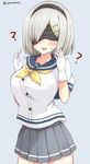  ? black_headband blindfold blush breasts buttons chaa_(korone-ze) collarbone cosplay covered_eyes gloves grey_background hair_ornament hairclip hamakaze_(kantai_collection) headband highres kantai_collection large_breasts look-alike neckerchief nier_(series) nier_automata no_legwear open_mouth pantyhose pantyhose_on_head pleated_skirt school_uniform serafuku short_sleeves silver_hair skirt solo striped striped_skirt sweatdrop twitter_username white_gloves yellow_neckwear yorha_no._2_type_b yorha_no._2_type_b_(cosplay) 