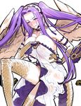  alternate_costume areola_slip areolae blush clenched_teeth cosplay dress embarrassed euryale euryale_(cosplay) fate/grand_order fate_(series) feathered_wings frills gorgon_(fate) hairband hijiri lips long_hair monster_girl purple_eyes purple_hair rider scales see-through shiny shiny_hair sidelocks snake snake_tail solo sweat tail teeth twintails undersized_clothes white_dress wings 