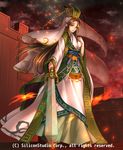  blue_eyes brown_hair chinese_clothes company_name fire full_body gyakushuu_no_fantasica hanfu hat highres long_hair official_art open_mouth ryuki@maguro-ex ship sky solo sword veil watercraft weapon 