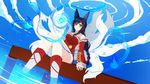  ahri animal_ears bare_shoulders black_hair breasts cloud collarbone day detached_sleeves energy_ball facial_mark fox_ears fox_tail korean_clothes large_breasts league_of_legends long_hair looking_at_viewer multiple_tails savi_(byakushimc) sitting slit_pupils solo tail water whisker_markings yellow_eyes 