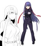  1girl black_jacket black_pants blue_eyes blue_hair earrings eyebrows_visible_through_hair fate/stay_night fate_(series) floating_hair full_body gloves jacket jewelry long_hair long_sleeves looking_at_viewer pants red_headband saint_martha school_uniform shiseki_hirame simple_background smile solo standing v-shaped_eyebrows very_long_hair white_background white_gloves 