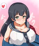  1girl after_paizuri agano_(kantai_collection) black_hair blush breasts cum cum_on_body cum_on_breasts cum_on_clothes cum_on_upper_body facial gloves green_eyes heart heart-shaped_pupils hetero isemagu kantai_collection large_breasts long_hair looking_at_viewer necktie open_mouth paizuri paizuri_under_clothes pleated_skirt school_uniform skirt smile solo_focus spoken_heart symbol-shaped_pupils 