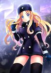  bangs bike_shorts blonde_hair blue_eyes blush breasts coat eyebrows_visible_through_hair fur_hat fur_trim gloves hat kolin long_hair medium_breasts parted_bangs setoda_(llgo) slender_waist snow solo street_fighter street_fighter_v thighhighs ushanka 