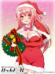  blush breasts capelet christmas cleavage copyright_name dress elbow_gloves fur_trim gloves hacka_doll hacka_doll_2 hat highres kagehino_akari large_breasts long_hair looking_at_viewer open_mouth pink_eyes pink_hair red_dress red_gloves santa_hat smile solo thighhighs 