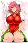  ;o =3 ahoge bandaged_arm bandages bangs blush breasts bun_cover chain chinese_clothes covered_nipples cuffs double_bun flower green_skirt highres ibaraki_kasen index_finger_raised large_breasts looking_at_viewer one_eye_closed open_mouth pink_eyes pink_flower pink_hair pink_rose puffy_short_sleeves puffy_sleeves roki_(hirokix) rose scolding seiza shackles short_sleeves sitting skirt solo sweat tabard touhou translated 
