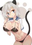  :3 animal_ears bad_anatomy bad_id bad_pixiv_id bikini black_bikini blue_eyes breasts cat_ears cat_tail cleavage cowboy_shot eyebrows eyebrows_visible_through_hair hair_between_eyes hair_ornament hairclip hamakaze_(kantai_collection) hands_up head_tilt kantai_collection kemonomimi_mode large_breasts looking_at_viewer melang_b midriff navel open_mouth protected_link school_uniform serafuku shirt shirt_lift short_hair short_sleeves silver_hair simple_background solo stomach swimsuit tail tearing_up white_background white_shirt 