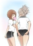  adjusting_clothes adjusting_shorts alternate_hairstyle bangs black_shorts black_towel blue_eyes brown_hair closed_eyes closed_mouth cowboy_shot from_behind girls_und_panzer gym_shirt gym_uniform hair_up holding holding_towel iron_cross itsumi_erika looking_at_another multiple_girls nishizumi_miho open_mouth pink_towel shirt short_hair short_ponytail short_shorts short_sleeves shorts silver_hair simple_background smile standing t-shirt thigh_gap towel towel_around_neck wata_do_chinkuru wedgie white_background 