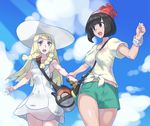  bag bangs beanie between_breasts black_hair blonde_hair blue_eyes blue_ribbon blunt_bangs bracelet braid breasts collared_dress dress duffel_bag floral_print green_eyes green_shorts hat hat_ribbon jewelry lillie_(pokemon) long_hair medium_breasts mizuki_(pokemon) mizuumi_(bb) multiple_girls poke_ball_theme pokemon pokemon_(game) pokemon_sm red_hat ribbon shirt short_hair short_shorts short_sleeves shorts sleeveless sleeveless_dress smile strap_cleavage sun_hat sundress swept_bangs t-shirt tied_shirt twin_braids white_dress white_hat yellow_shirt z-ring 