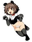  akiyama_yukari animal_costume animal_ears bangs brown_eyes brown_hair collar cosplay fangs full_body girls_und_panzer gloves kemonomimi_mode leg_up messy_hair namonashi navel panda_ears panda_tail paw_gloves paw_pose paw_shoes paws pet_(sekaiju) pet_(sekaiju)_(cosplay) sekaiju_no_meikyuu shoes short_hair simple_background solo standing standing_on_one_leg thigh_gap white_background 