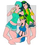  arm_around_shoulder arm_warmers bare_shoulders black_hair blue_eyes braid breasts cowboy_shot cup denim denim_shorts double_bun drinking drinking_straw ermes_costello foo_fighters green_eyes green_hair grin groin hairlocs hand_on_hip jojo_no_kimyou_na_bouken kuujou_jolyne long_hair medium_breasts midriff multiple_girls navel overalls ribbed_sweater short_hair shorts side-by-side smile stone_ocean sweater tank_top turtleneck twitter_username vest yellow_eyes yyy246 