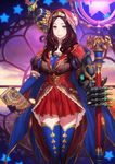  animal animal_on_shoulder bird_on_shoulder blue_eyes blue_gloves blue_legwear book brown_hair choker elbow_gloves fate/grand_order fate_(series) gauntlets gloves holding holding_book holding_staff leonardo_da_vinci_(fate/grand_order) long_hair looking_at_viewer pleated_skirt red_skirt simosi skirt smile solo staff standing star thighhighs zettai_ryouiki 