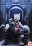  blue_eyes candy cat chair clothed clothing erection feline food fur haychel invalid_tag lollipop male mammal one_eye_closed pants pawpads penis scarf sitting throne white_fur 