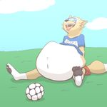  anthro belly big_belly canine eyewear fur goggles male mammal pancak3 post_vore soccer sport vore wolf zabivaka 