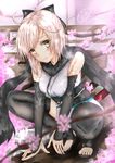  absurdres ahoge black_legwear blonde_hair blush bow breasts cherry_blossoms commentary_request fate_(series) hair_bow highres japanese_clothes kimono koha-ace looking_at_viewer okita_souji_(fate) okita_souji_(fate)_(all) riyo_(ryon_96) scarf short_hair short_kimono small_breasts solo squatting thighhighs yellow_eyes 