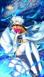  blue_fire blush dragon fan_over_face fate/grand_order fate_(series) fire floating_hair full_body glowing glowing_eyes hair_ornament hand_on_own_knee head_tilt japanese_clothes kimono kiyohime_(fate/grand_order) long_hair looking_at_viewer pelvic_curtain sash silver_hair sitting solo thighhighs very_long_hair white_legwear yangsion yellow_eyes yukata 