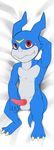  animal_genitalia anthro balls cute_fangs dakimakura_design digimon erection featureless_chest hand_behind_head looking_at_viewer lying male on_back penis pinup pose scalie seyrmo sheath slim smile solo tapering_penis veemon 