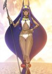  absurdly_long_hair animal_ears breasts dark_skin earrings fate/grand_order fate_(series) hair_between_eyes hand_on_hip headband holding holding_staff jackal_ears jewelry long_hair looking_at_viewer low-tied_long_hair midriff navel nitocris_(fate/grand_order) official_art panties purple_eyes purple_hair shima_udon sleeveless small_breasts smile solo staff standing stomach underwear very_long_hair white_panties 