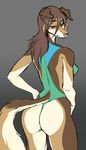  2017 anthro breasts brown_fur butt canine clothed clothing ear_piercing female fur green_eyes grey_background half-closed_eyes hand_on_hip looking_at_viewer looking_back mammal one-piece_swimsuit piercing pregoo rear_view side_boob simple_background sketch solo swimsuit white_fur 