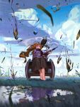  :&lt; barefoot bird black_skirt blood blue_sky brown_hair cloud cloudy_sky day death eagle expressionless feathers grass gun karasu-san_(syh3iua83) long_hair mechanical_arm original outdoors rifle sitting skirt sky smoke solo water weapon wheelchair 