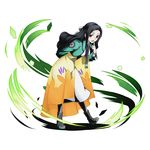  arm_behind_back black_footwear black_hair boots divine_gate dress finger_to_mouth full_body green_jacket hair_ribbon high_heels index_finger_raised jacket leaning_forward long_hair looking_at_viewer mahouka_koukou_no_rettousei official_art open_mouth red_eyes ribbon saegusa_mayumi see-through shadow solo standing transparent_background ucmm white_dress white_ribbon 