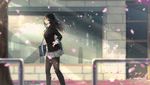  black_hair brown_eyes highres kikivi long_hair original pantyhose petals school_uniform solo walking wind 