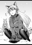  7zu7 animal_ears blazer bow bowtie ezo_red_fox_(kemono_friends) fox_ears greyscale jacket kemono_friends long_hair monochrome multiple_girls pantyhose silver_fox_(kemono_friends) snow squatting 