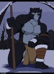  3_toes 4_fingers balls barefoot bear big_balls big_bulge big_muscles bulge clothing droll3 foot_wraps forest hand_wraps huge_balls hunter hunting hyper hyper_balls loincloth male mammal melee_weapon muscular muscular_male night polearm snow snowing solo spear toes tree tribal weapon winter wraps 