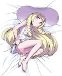  ass bangs bare_shoulders barefoot bed_sheet blonde_hair blunt_bangs blush bottomless braid breasts censored dress feet fingernails green_eyes half-closed_eyes hat heart heart_censor heriyama legs lillie_(pokemon) long_hair looking_at_viewer lying no_panties on_side pokemon pokemon_(game) pokemon_sm presenting pussy pussy_juice sleeveless small_breasts smile solo spread_ass sun_hat toenails twin_braids very_long_hair 