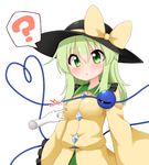  ? blush bow breast_poke breasts eyeball green_eyes green_hair hat hat_bow hat_ribbon heart heart_of_string komeiji_koishi long_hair long_sleeves poking ribbon shirt skirt small_breasts spoken_question_mark suwa_yasai third_eye touhou wide_sleeves 