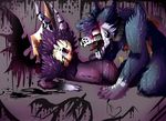  2017 absurd_res bendy bendy_and_the_ink_machine black_fur black_hair blood boris canine clothing demon fangs fur girly gloves hair hi_res hiyoko horn humanoid ink male male/male mammal purple_fur red_eyes white_fur wings wolf 