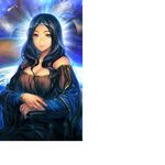  black_hair breasts cleavage earth fate/grand_order fate_(series) fine_art_parody grey_eyes large_breasts leonardo_da_vinci_(fate/grand_order) long_hair looking_at_viewer mona_lisa parody planet simosi sitting smile solo veil 