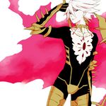  1boy armor blue_eyes bodysuit cape earrings fate/apocrypha fate/extra_ccc fate_(series) jewelry karna_(fate) short_hair spear weapon white_hair 
