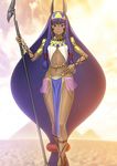  absurdly_long_hair animal_ears breasts dark_skin earrings fate/grand_order fate_(series) hair_between_eyes hand_on_hip headband holding holding_staff jackal_ears jewelry long_hair looking_at_viewer low-tied_long_hair midriff navel nitocris_(fate/grand_order) official_art purple_eyes purple_hair shima_udon sleeveless small_breasts smile solo staff standing stomach underwear very_long_hair 