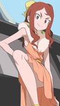  ahoge alternate_hairstyle black_eyes bracelet brown_hair dress earrings formal fur_collar hair_ribbon hand_on_hip hanna_england haruyama_kazunori jewelry leg_up legs little_witch_academia long_hair looking_at_viewer orange_dress panties panty_peek ribbon sidelocks sleeveless sleeveless_dress smile solo thighs tsurime underwear upskirt yellow_ribbon 