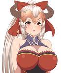  aliza_(granblue_fantasy) bad_id bad_pixiv_id bare_arms bare_shoulders blush bow breasts cleavage commentary_request draph earrings granblue_fantasy hair_bow hair_pulled_back headpiece horns impossible_clothes jewelry large_breasts long_hair looking_at_viewer nanashi_maru parted_lips pointy_ears ponytail red_bow red_eyes silver_hair solo upper_body 