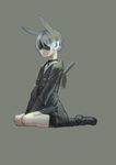  absurdres androgynous animal_ears arimi_raan blindfold boots bunny_ears bunnyboy choker gloves grey_background hands_on_lap highres lips male_focus nier_(series) nier_automata pale_skin shorts sitting solo wariza white_hair yorha_no._9_type_s 