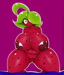  bed big_breasts big_butt breasts butt eyelashes female flora_fauna food fruit hair huge_breasts humanoid looking_at_viewer mysticaldark nipples not_furry one_eye_closed plant pussy simple_background slightly_chubby smile solo thick_thighs wide_hips yellow_eyes 