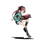  black_bow black_footwear blue_shorts boots bow brown_eyes brown_hair denim denim_shorts divine_gate floating_hair full_body green_jacket grin hair_bow jacket knee_boots long_hair looking_at_viewer mahou_shoujo_madoka_magica official_art ponytail sakura_kyouko shadow shorts smile solo torn_clothes torn_shorts transparent_background ucmm very_long_hair 