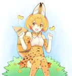  :d animal animal_ears bad_id bad_pixiv_id bare_shoulders blue_background blue_outline blush bow bowtie bug bush butterfly clenched_hands cross-laced_clothes dot_nose elbow_gloves eyebrows_visible_through_hair eyelashes flower gloves hair_between_eyes hands_up highres insect kemono_friends knees_together_feet_apart light_brown_eyes looking_at_another looking_to_the_side looking_up midori_maccha motion_lines multicolored multicolored_background open_mouth orange_hair outdoors outline paw_pose serval_(kemono_friends) serval_ears serval_print serval_tail shirt short_hair simple_background sitting skirt sleeveless sleeveless_shirt smile striped_tail tail tareme thighhighs two-tone_background white_background white_shirt yellow_flower 