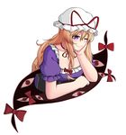  arm_rest aura bangs blonde_hair bow breasts choker cleavage corset dress eyebrows_visible_through_hair eyes gap hair_between_eyes hair_bow hand_on_own_face hat hat_ribbon highres large_breasts long_hair looking_down mob_cap one_eye_closed outline ozu_(agito100001) puffy_short_sleeves puffy_sleeves purple_dress purple_eyes red_eyes ribbon ribbon_choker short_sleeves sidelocks simple_background smile solo touhou very_long_hair white_background yakumo_yukari 