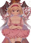  1girl :t back-to-back black_legwear blonde_hair blush bow breast_hold breasts brown_eyes cleavage collarbone cowboy_shot crossed_arms djeeta_(granblue_fantasy) dress embers eyebrows_visible_through_hair frilled_dress frills granblue_fantasy hair_between_eyes hairband hano_haruka looking_at_viewer medium_breasts percival_(granblue_fantasy) pink_hairband pout shiny shiny_hair shiny_skin short_hair solo_focus white_background 