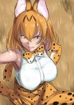  absurdres animal_ears animal_print breasts commentary_request gloves highres kemono_friends large_breasts looking_at_viewer sakushaaya_(3948aya) serval_(kemono_friends) serval_ears short_hair tail 