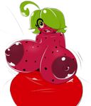  big_breasts breasts clothing eyelashes female flora_fauna food fruit huge_breasts humanoid looking_at_viewer mysticaldark nipples not_furry one_eye_closed open_mouth plant simple_background smile tongue wide_hips yellow_eyes 